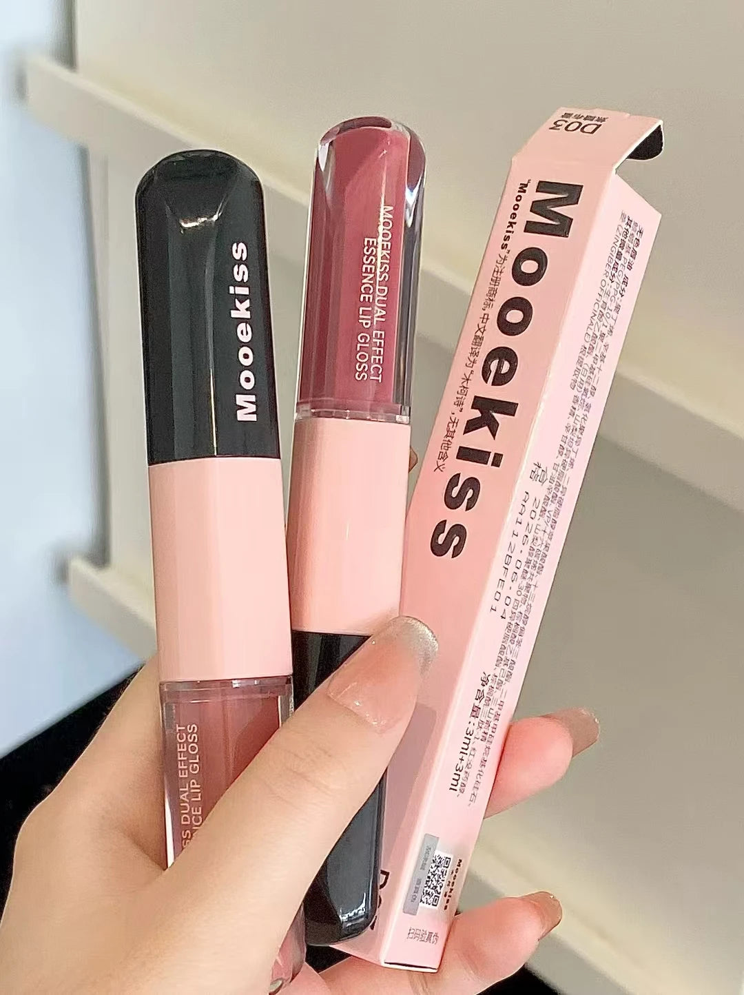 Mooekiss Double-headed Lipgloss MirrorMoisturizing Long-lasting Brush head Non-stick Cup Film-forming Lip Glaze Lipstick 3.2g