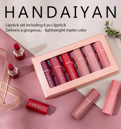 Handaiyan 6 Pcs Matte Waterproof Velvet Nude Lipstick Sexy Red Brown Pigments Makeup Long Lasting Profissional