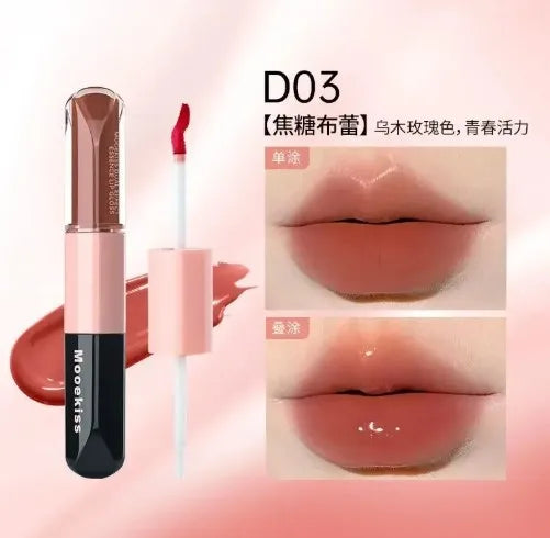 Mooekiss Double-headed Lipgloss MirrorMoisturizing Long-lasting Brush head Non-stick Cup Film-forming Lip Glaze Lipstick 3.2g