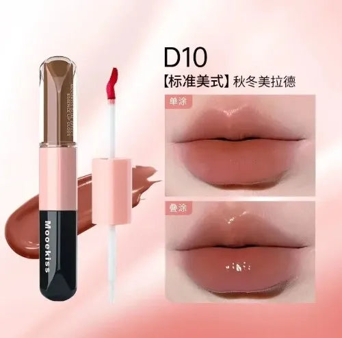 Mooekiss Double-headed Lipgloss MirrorMoisturizing Long-lasting Brush head Non-stick Cup Film-forming Lip Glaze Lipstick 3.2g