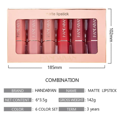 Handaiyan 6 Pcs Matte Waterproof Velvet Nude Lipstick Sexy Red Brown Pigments Makeup Long Lasting Profissional