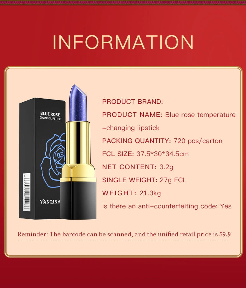 Blue Rose Lip Temperature Color Changing Natural Long Lasting Waterproof   Lipstick Cosmetics Woman Makeup
