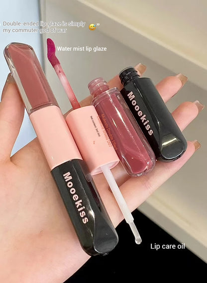 Mooekiss Double-headed Lipgloss MirrorMoisturizing Long-lasting Brush head Non-stick Cup Film-forming Lip Glaze Lipstick 3.2g